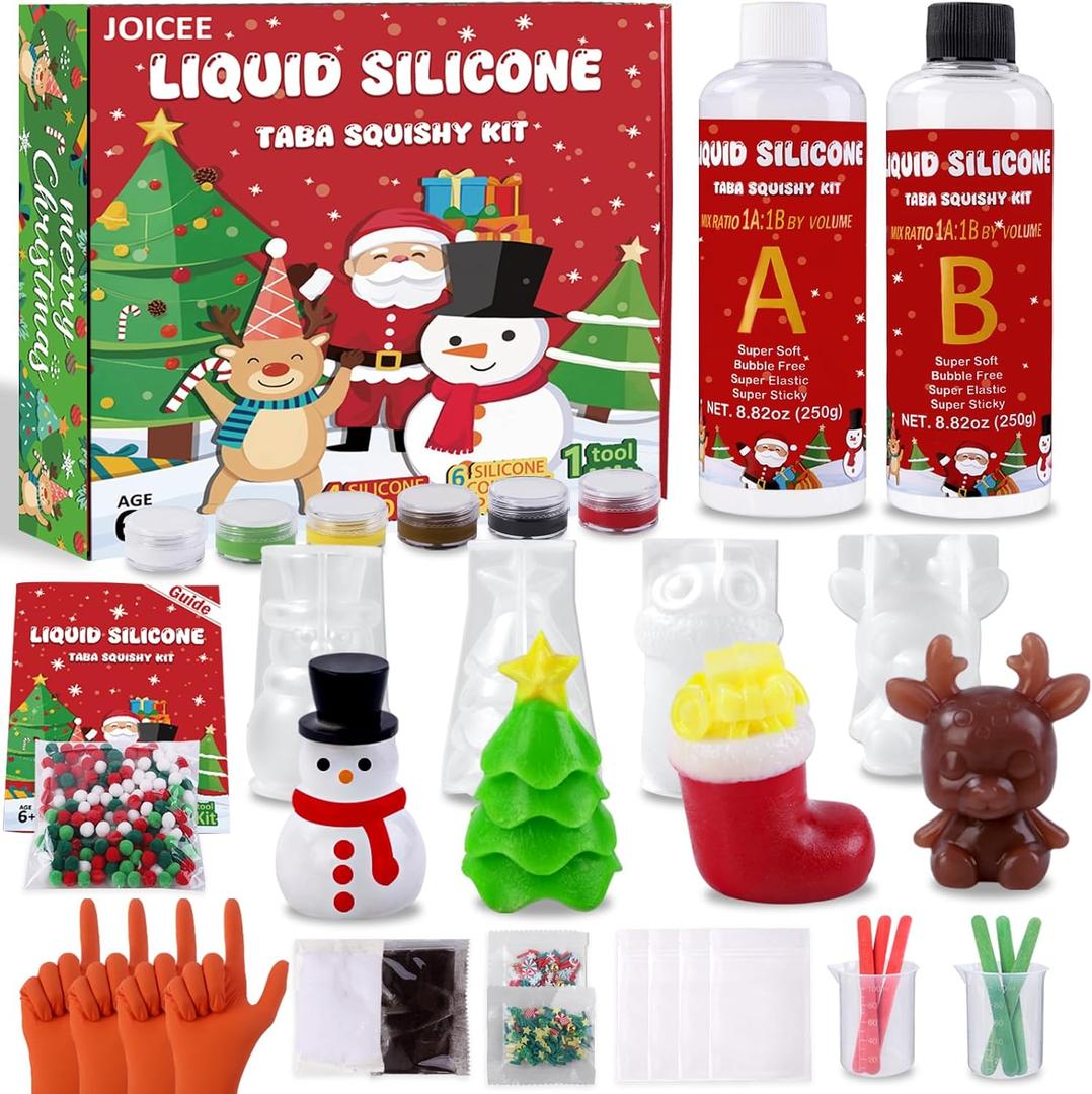 JOICEE Christmas Taba Squishy Kit, DIY Xmas Squishy Making Kit 18OZ AB Liquid Silicone with Xmas Tree Stocking Snowman Reindeer Molds for Make Your Own Christmas Soft Squishies Party Favors Gifts