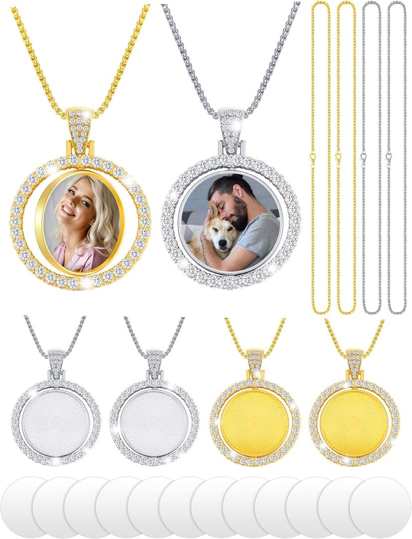Fumete 24 Pcs Sublimation Rhinestone Pendant Set Including Round Rhinestone Bezel Trays Double Sided Blank Pendant Charms Thick Chains Sublimation Discs for Christmas DIY Making(Gold, White)