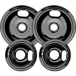 W10290350 W10290353 Black Porcelain Burner Drip Pans By AMI PARTS - Replacement for Whirl-pool Electric Range Cooktop - Includes 2 8-Inch and 2 6-Inch Pans