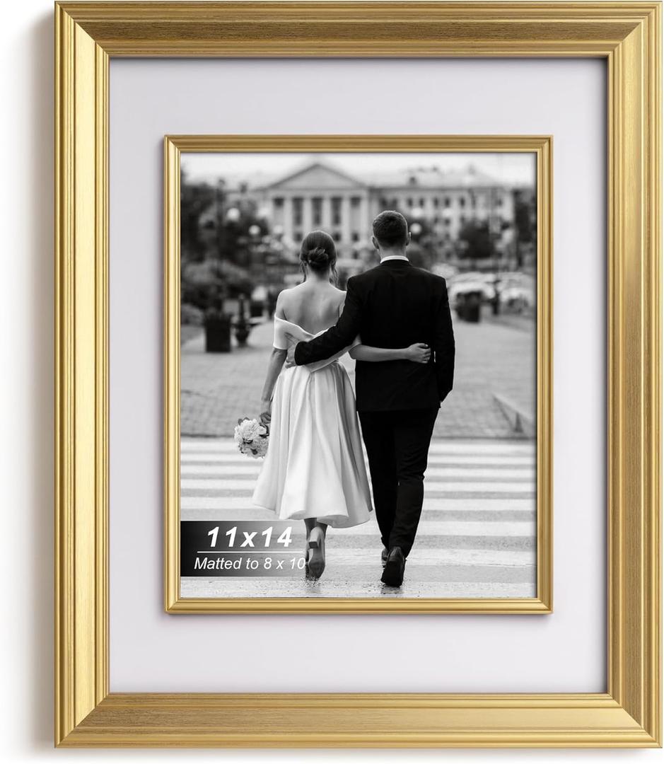 Yaetm 11x14 Gold Picture Frame with Decorative Inner Frame & Tempered Glass, Display 8x10 Photos with Mat on Wall - Portrait or Landscape - Ideal for Office & Home Dcor (Gold, Single)