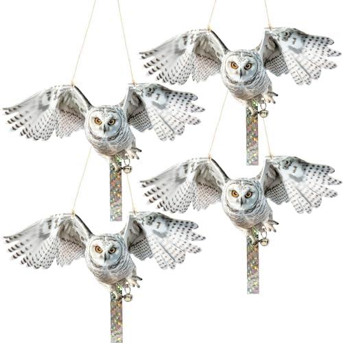 4Pack Fake Owl Plastic Owls Reflective Hanging Owl Decoration, Barn Swallow Deterrent Garden Owls for Woodpecker Pigeon Plastic Hanging Outdoors, Set of 3