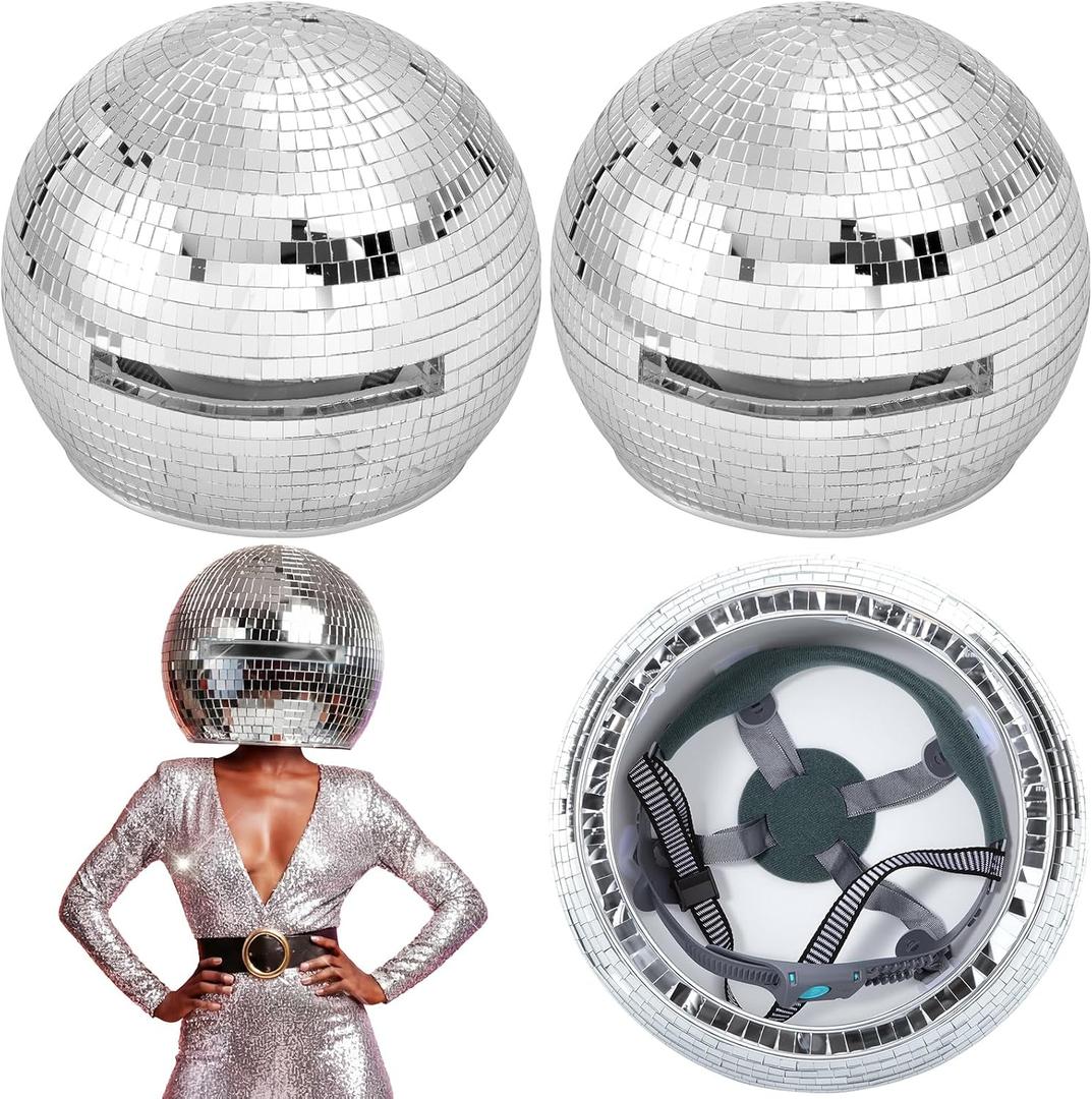 Sabary 2 Pcs Disco Ball Helmet Men Adult Disco Ball Hat,11.81 Inch,Silver