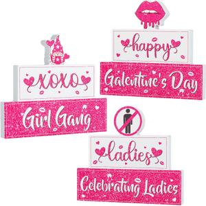 Suzile 3 Pcs Galentine's Day Wooden Sign Table Decor Pink Glitter Happy Galentines Day Tabletop Centerpiece Celebrating Galentine's Day Gifts Desk Mantel Shelf Decoration
