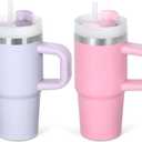 Cosictic 14 Oz Tumbler with Handle and Straw for Kids, Stainless Steel Double Wall Vacuum Insulated Cup for Children, 14 Oz Cups for Kids (Purple, Pink)