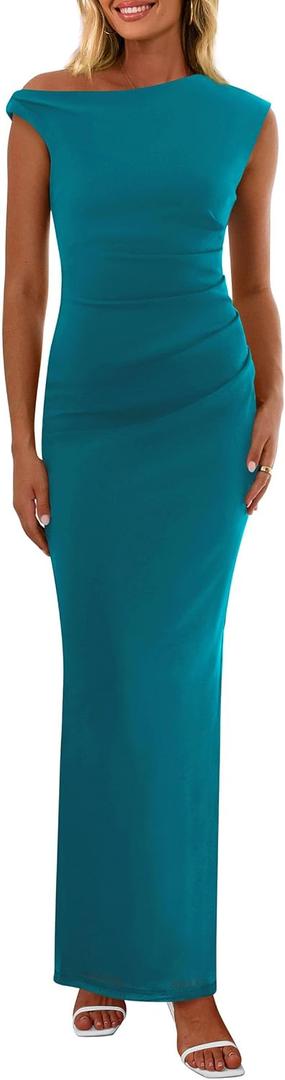 PRETTYGARDEN Women's 2026 Summer Formal Maxi Dresses Sleeveless One Shoulder Bodycon Ruched Mesh Wedding Guest Cocktail Dress (Blue, XL)