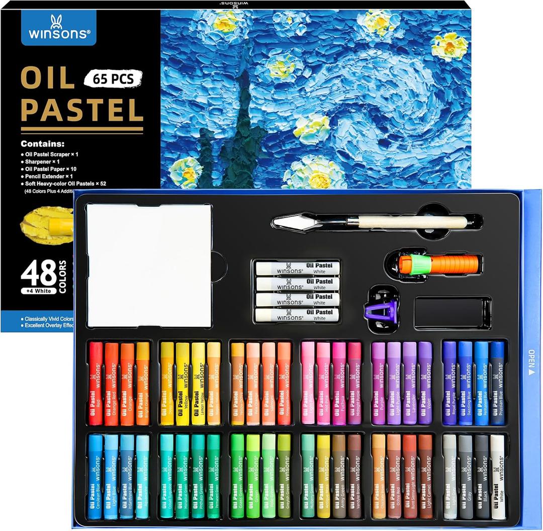 2 x WINSONS 65 PCS Oil Pastel Set, 48 Soft Colors & Extra 4 White Pastels, Complete Art Kit with Holder, Scraper, Sharpener & Pastel Paper Non-Toxic, Smooth Blending for Artists & Beginners