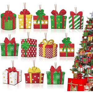 24pcs Box Ornaments Present Box Wooden Ornaments Xmas Tree Hanging Wood Signs Crafts Reusable Gifts Christmas Tree Decor for Winter Xmas Holiday Party Outdoor Indoor Home Office Favor