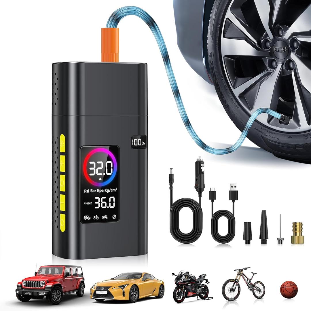 180PSI Tire Inflator Portable Air Compressor, Portable Tire Inflator for Car,5X Fast Electric Bike Air Pump with Digital LCD Pressure Gauge/LED Light/Power Bank, Bike, Motorcycle, Ball