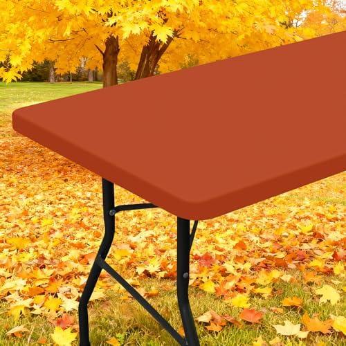 Smiry Rectangle Picnic Table Cloth, Waterproof Elastic Fitted Tablecloths for 8 Foot Tables, Washable Polyester Table Cover for Camping, Indoor and Outdoor (Rust, 30"x96")