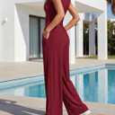 BTFBM Womens 2 Piece Outfits Spring 2026 V Neck Cap Sleeve Ruched Top Wide Leg Pants Sets Rib Knit Lounge Matching Set (Red, XL)