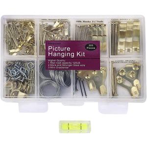 Picture Hangers, Picture Hanging Kit, 225pcs Heavy Duty Frame Hooks Hardware with Nails, Hanging Wire, Screw Eyes, D Ring and Sawtooth for Wall Mounting