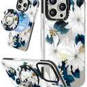 Lotadilo Case for iPhone 16 Pro Case Compatible with Magsafe Ring Holder Stand - for Women Blue Flower Design TPU Phone Cover for Girls Girly Funny Fashion
