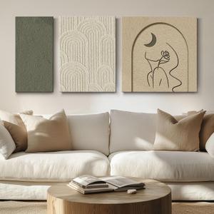 Sage Green Wall Art for Living room, Large Boho Canvas Art Work Prints for Girls and Women Bedroom Above Bed, 3 Piece Minimalist Wall Art for Living Room, Home Office Wall Decor