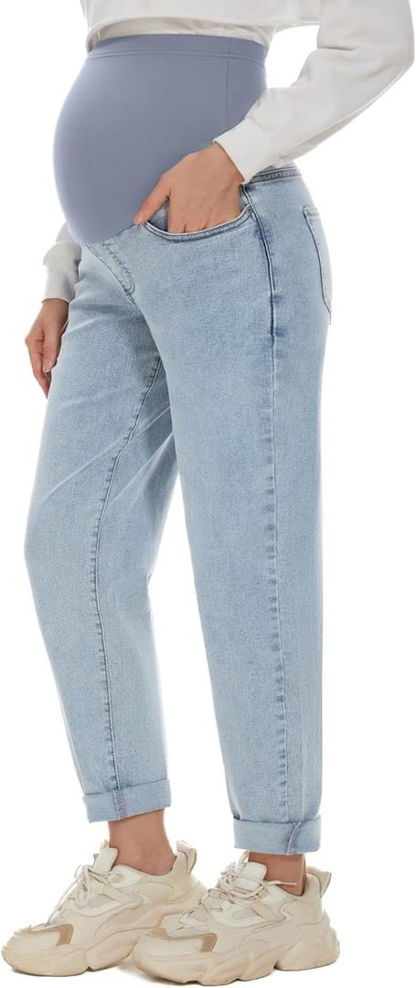 POSHGLAM Women's Maternity Jeans Over Belly Comfy Stretch Boyfriend Jeans Loose Pregnancy Pants, S-XXL (Medium, A01 Light Blue)