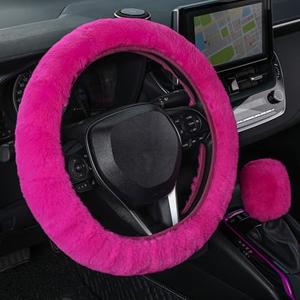 SEG Direct Furry Car Steering Wheel Cover with Gear Shift Cover, Soft and Warm, Cute Fluffy Auto Decor for Women Men, Standard Size, 2 PCS Set, Magenta Red