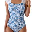 B2prity Womens One Piece Swimsuit Retro Square Neck Tummy Control Bathing Suits Ruched Modest Full Coverage Swimwear L
