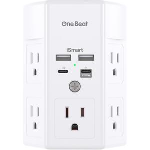 Multi Plug Outlet, Surge Protector, 5 Outlet Extender with 4 USB Ports (2 USB-C), PD 20W Wall Charger, 3-Sided 1800J Power Strip Outlets Splitter Wall Plug Adapter Spaced for Home Office, White