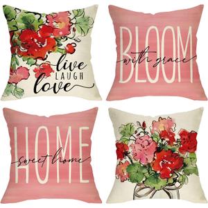 Spring Summer Geranium Flowers Decorative Throw Pillow Cover 16 x 16 Set of 4, Pink Red Floral Home Sweet Home Mason Jar Porch Outdoor Decor, Live Laugh Love Seasonal Farmhouse Couch Cushion Case