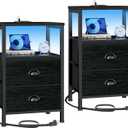 Furologee Nightstands Set of 2, End Tables with Charging Station and LED Lights, Black Night Stands with 2 Fabric Drawers, Bedside Tables Set of 2 for Living Room/Bedroom, Black Oak