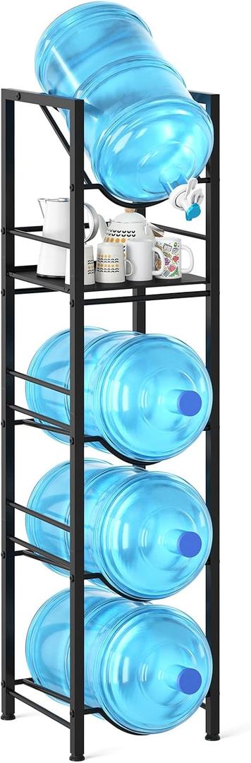Eocnrhe 2-In-1 5 Gallon Water Jug Holder, 5 Tier Water Jug Stand Holder with 1 Dispenser Valves, 5 Gal Water Bottle Storage Rack Organizer for Kitchen, Office, Garage