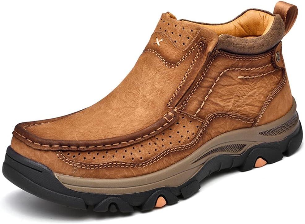 Mens Slip On Casual Loafers Classic Outdoor Leather Walking Hiking Shoes Comfortable for Work Office Dress Outdoor High Top (11, Brown)