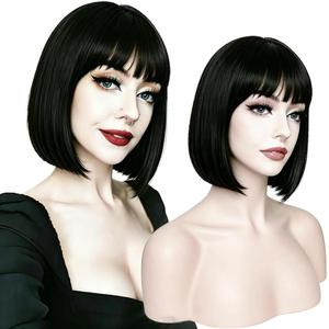 Black Bob Wig With Bangs 12 Inch Short Straight Black Wigs With Bangs Glueless Synthetic Hair Wigs for White Women Neck Length Natural Looking