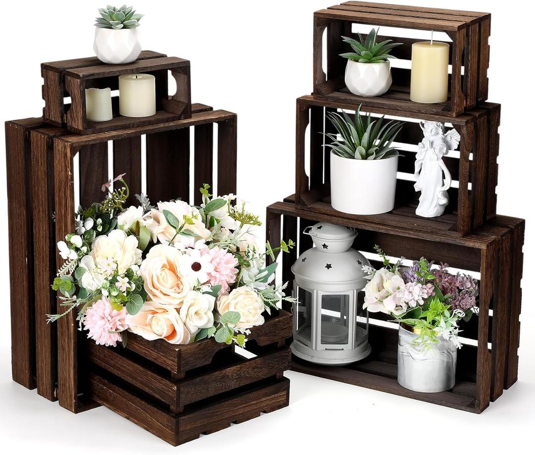 CroBlissful 6 Pcs Decorative Wood Crates for Storage Display Rustic Nesting Crates with Handle Farmhouse Wooden Storage Container Boxes for Wedding Baby Shower Birthday Party(Vintage Dark Brown)