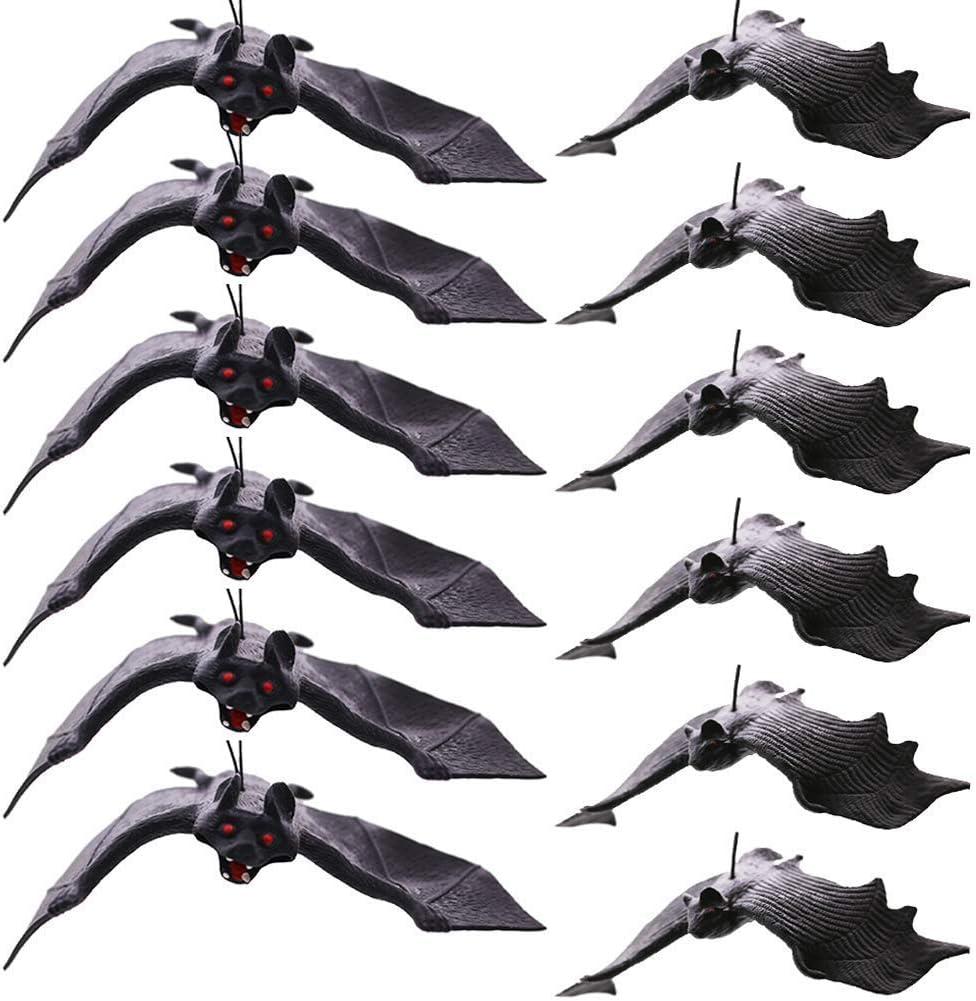 BigOtters 12pcs Halloween Hanging Fake Bats, Halloween Decorations Rubber Vampire Bats Wall Decor for Haunted House Party