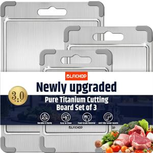 3PCS Titanium Cutting Boards for Kitchen- Food Grade Double Sided Chopping Board with Juice Groove, Removable Anti-Slip Corners, Dishwasher Safe for Meat/Fruits/Vegetables, Grey