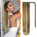 BARSDAR Medium Brown Highlight Straight Wrap Ponytail Extension - 26 Inch Long Straight Wrap Around Ponytails for Women, Synthetic Clip in Ponytails Extensions Balayage Pony Tails Hairpieces (Ash Medium Brown & Bleach Blonde)