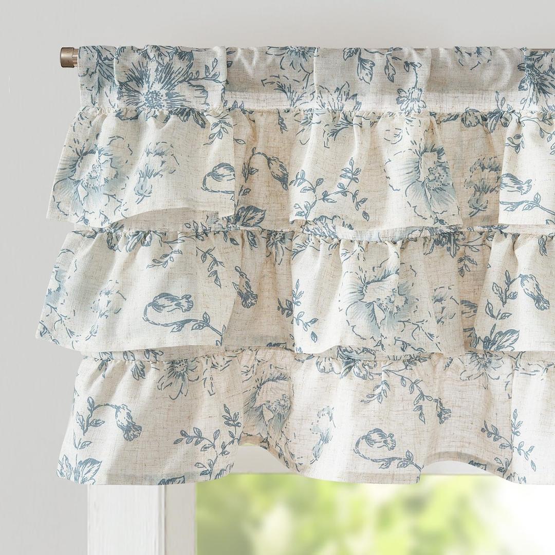 jinchan Ruffled Floral Valance Linen Shabby Chic Small Window Curtain 18 Inch Farmhouse Kitchen Valance for Bedroom Living Room Decor Cottage Rustic Window Treatments 1 Panel Blue on Beige