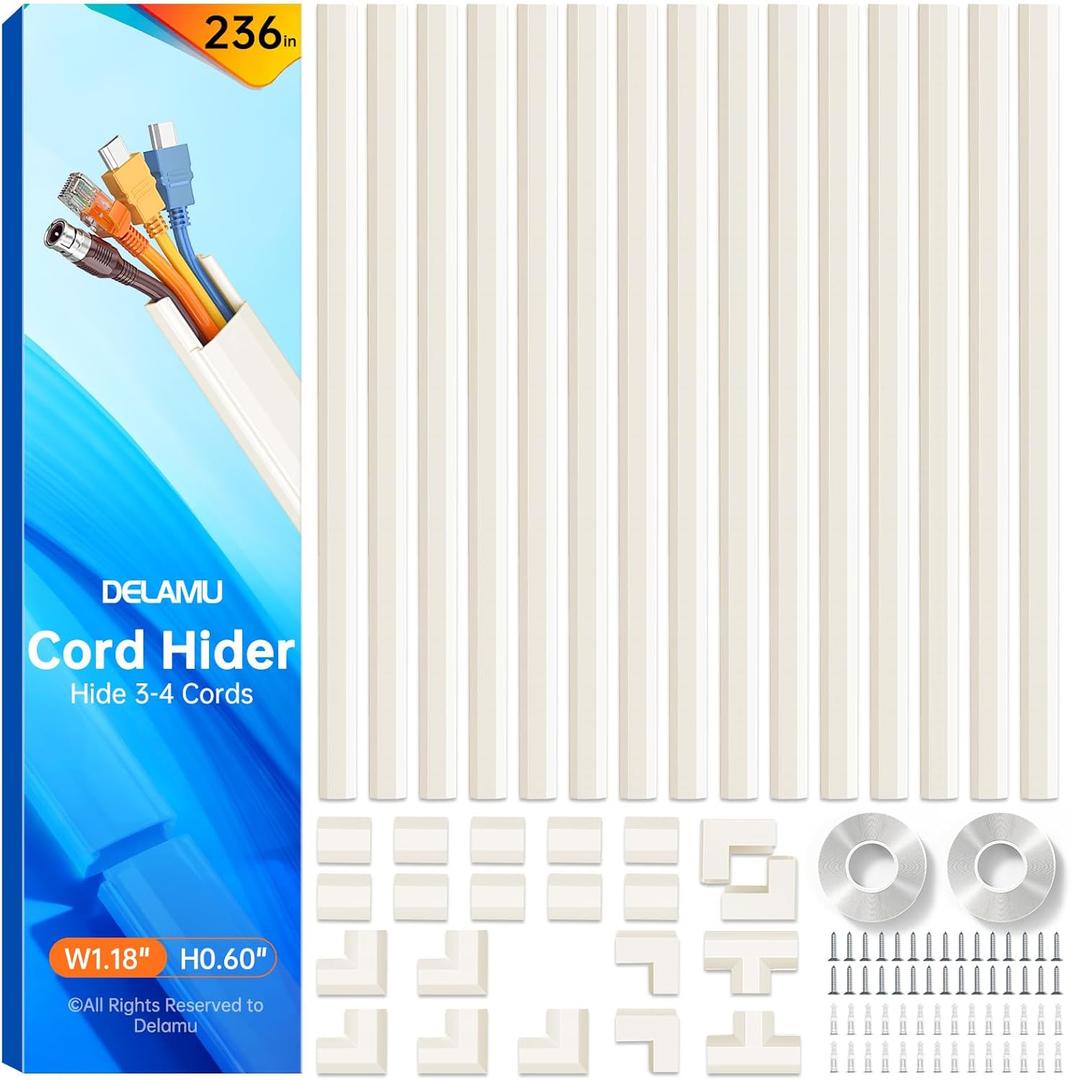Delamu Beige Cord Hider, 236in Cord Covers for 3-4 Wires on Wall, Beige Cable Hider Wire Covers for Cords, Wire Hiders for TV on Wall, TV Cord Hider Wall to Hide Wires, 15x L15.7 W1.18 H0.6in