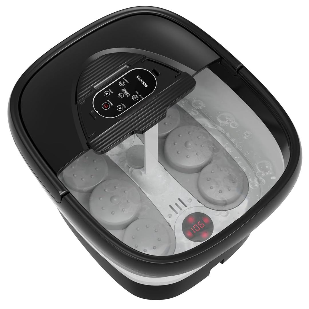 Collapsible Foot Spa with Heat and Remote, Heated Foot Bath Massager with Timer, and 24 Motorized Shiatsu Massage Balls, Foot Soaking Tub Supports Hot/Cold Water Soaking (Black)