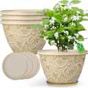 Nooulap 12 Inch Pots for Plants with Drainage, Large Plastic Flower Pots Outdoor Indoor, Decorative Planters with Gold Flower Pattern for Home, Porch, Balcony & Garden (Beige)