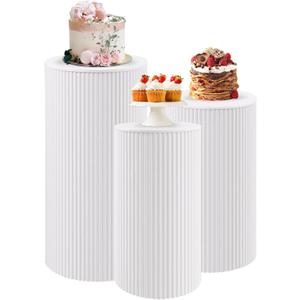 Metal Pleated Cylinder Pedestal Stands for Party, 3 Pieces Heavy Duty Round Cake Pedestal Stand Display Plinth Pillars Art Decor for Wedding Ceremony Birthday Party（Medium, White）