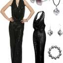 Gold 70s Disco Costume: Women's Sequin Backless Halter Neck Jumpsuit with Disco Ball Accessories (Medium, Black)