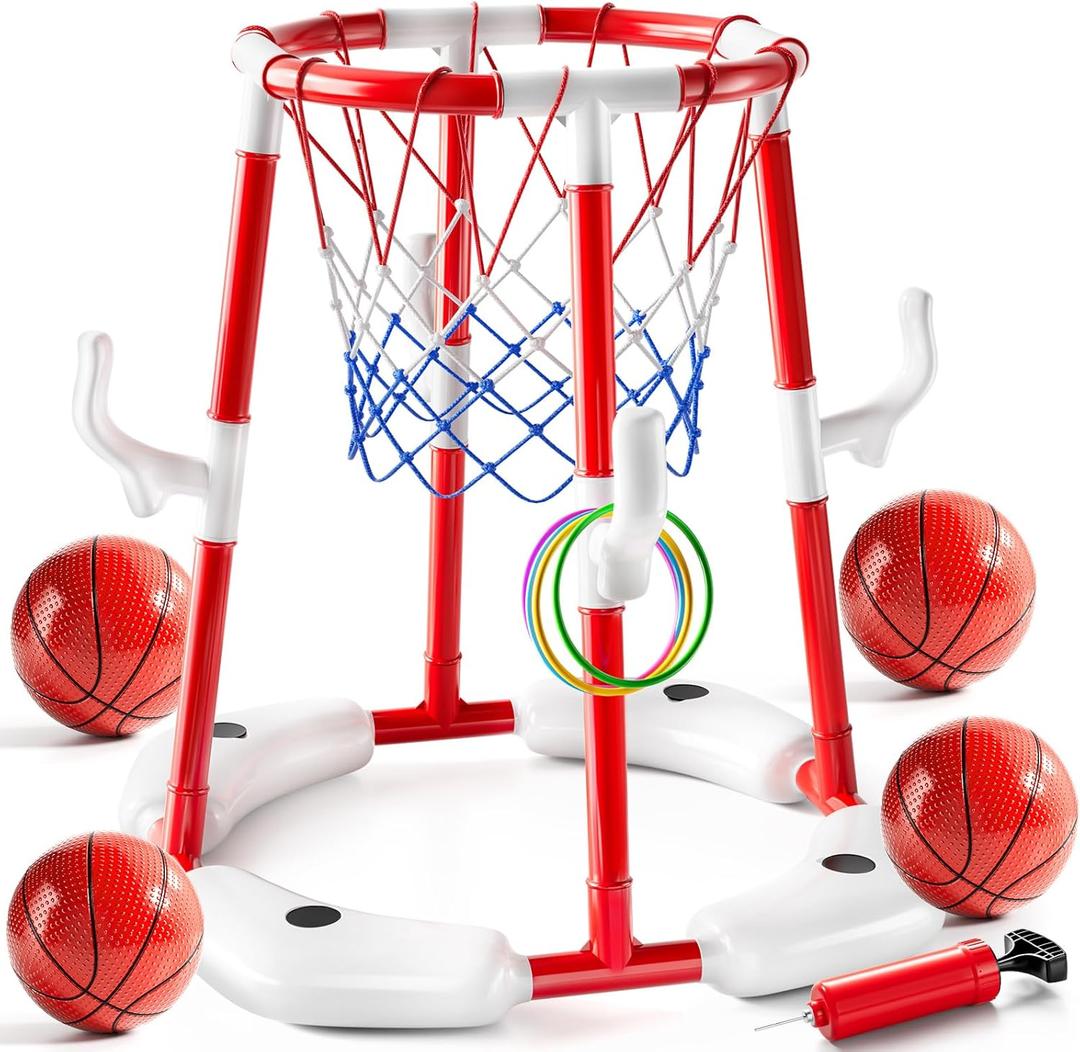 Swimming Pool Basketball Hoop Toy for Kids 2 3 4 5 6 Years Old - Floating Pool Basketball Game Toys with 4 Balls Air-Pump, Outdoor Play, Poolside Summer Water for Boys Girls Age 4-8-12 (Red)