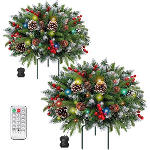 Set of 2 Christmas Planter/Urn Fillers Outdoor Front Porch, Artificial Prelit Christmas Tree with Remote, Holiday Pot Fillers with Timer, Multi-Color Lights, Outdoor Christmas Decorations Yard
