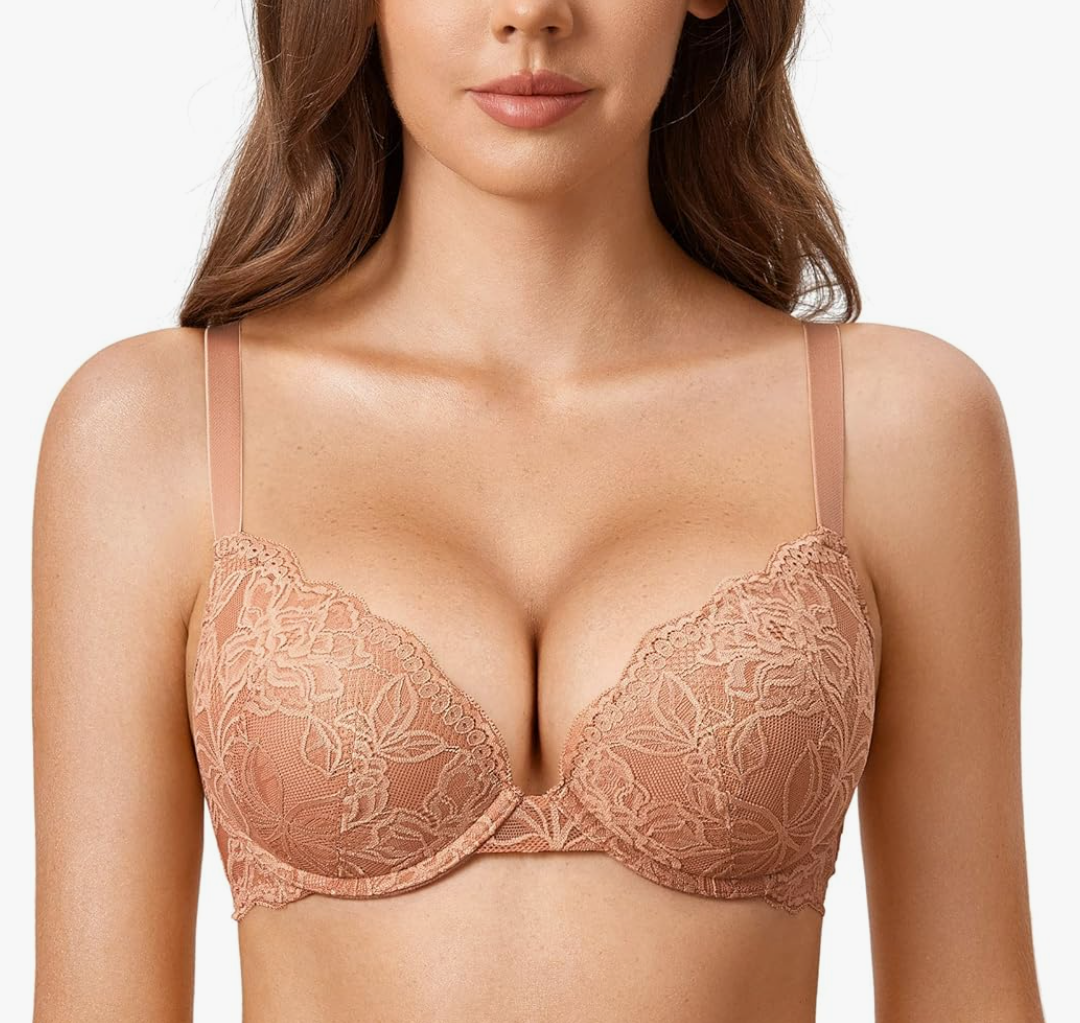 DOBREVA Women's Push Up Lace Bra Underwire Plunge Full Coverage Bras Sexy Plus Size Support 36D