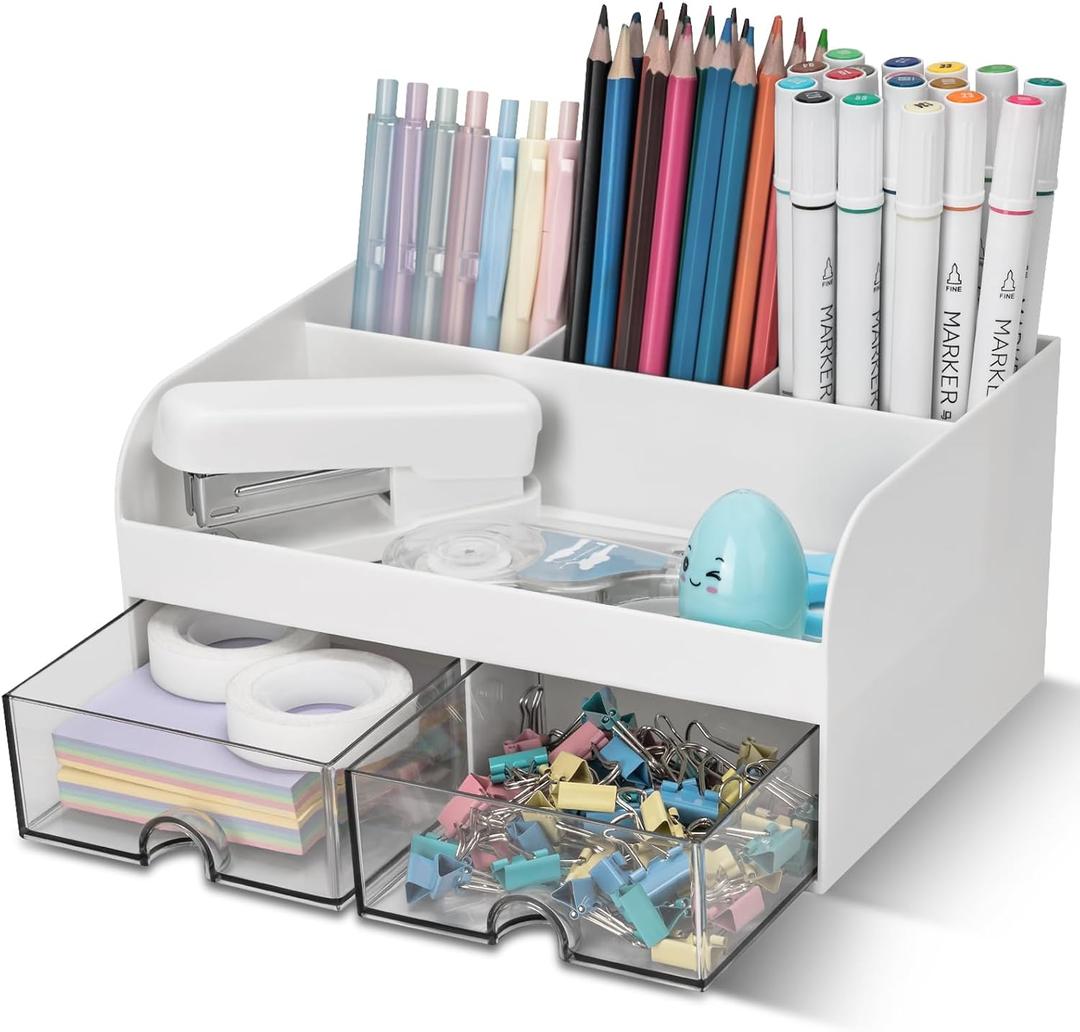 Desk Organizer with 2 Drawer, Multi-Functional Pencil Pen Holder for Desk, Desk Organizers and Storage with 6 Compartments, Desktop Organizer for Office Home Art Supplies (White)