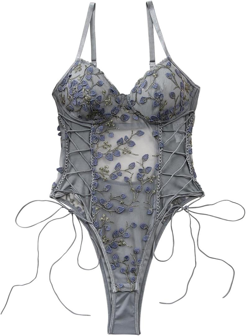Lilosy Women Sexy Lace Up Floral Embroidered Teddy Babydoll Lingerie Bodysuit Top Mesh Sheer One Piece See Through Grey, X-Large