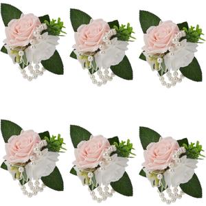 Wrist Corsage for Wedding White and Pink Rose, Set of 6, Wrist Corsages for Bride Bridesmaid Mother Wrist Flower Girl Women Prom Party, Homecoming Ceremony Anniversary