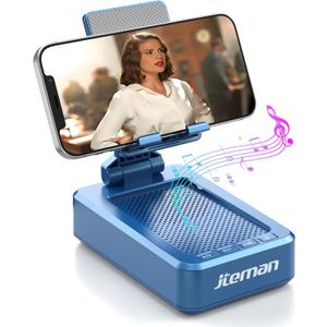 JTEMAN Cell Phone Stand with Bluetooth Speaker, HD Stereo Sound & Anti-Slip Base, Foldable Adjustable Desktop Phone Holder for Home Office, Cool Tech Gadgets Birthday Gifts for Men Women (Blue)