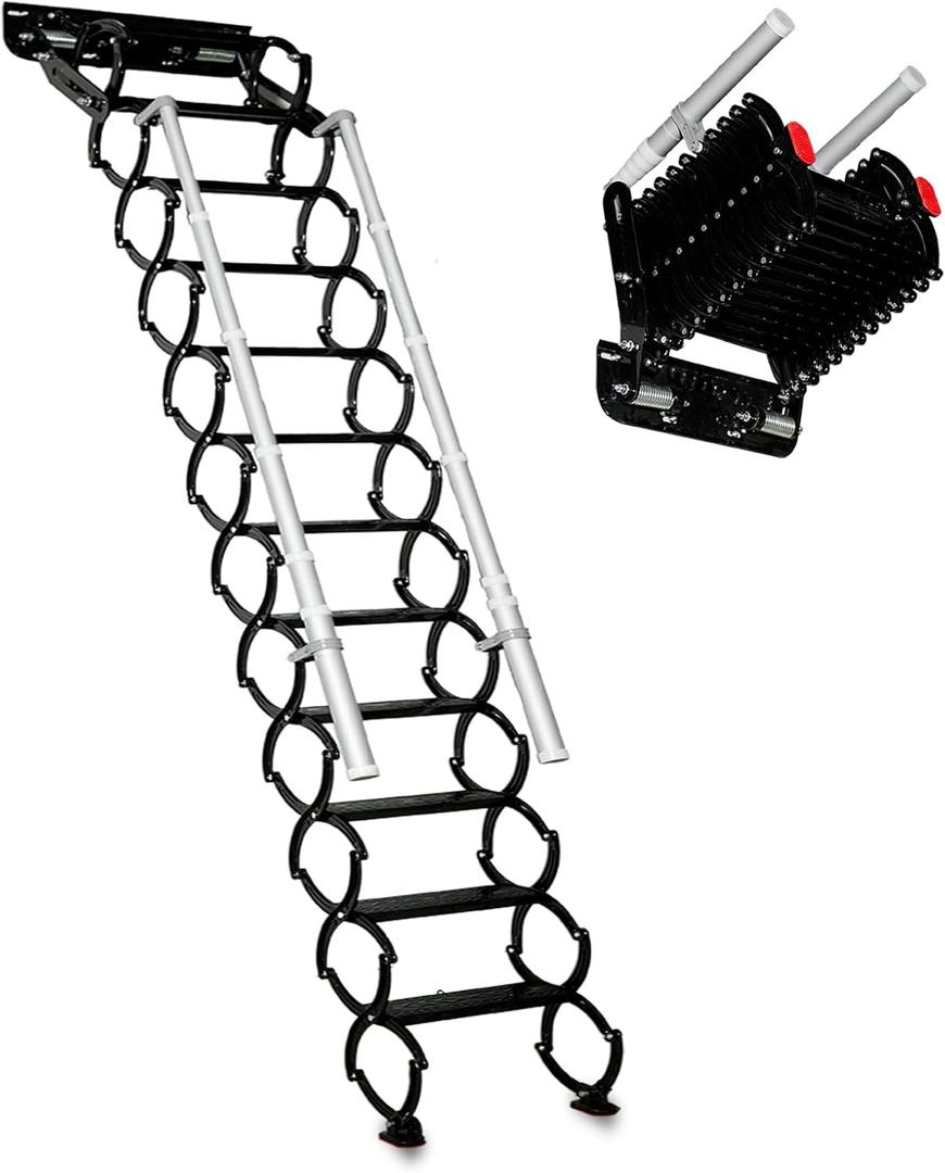 Wall Mounted Folding Ladder with Handrails, Pull Down System Attic Stairs, Telescopic Attic Ladder, Applicable Height 9.6-10ft, Attic, Basement, Warehouse, Passage Folding Stair (Black, 12 Steps)