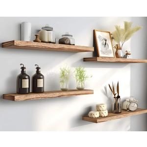 PHPH 24 Inch Wood Floating Shelves for Wall, Wooden Wall Shelves for Bedroom, Set of 4 Light Brown