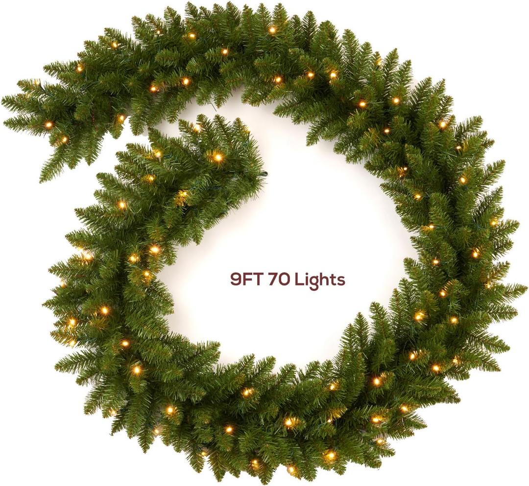Christmas Garland Prelit 9 Ft with 70 Led Lights, Battery Operated Christmas Decor for Mantle/Stair/Indoor/Outdoor Xmas Garland Green