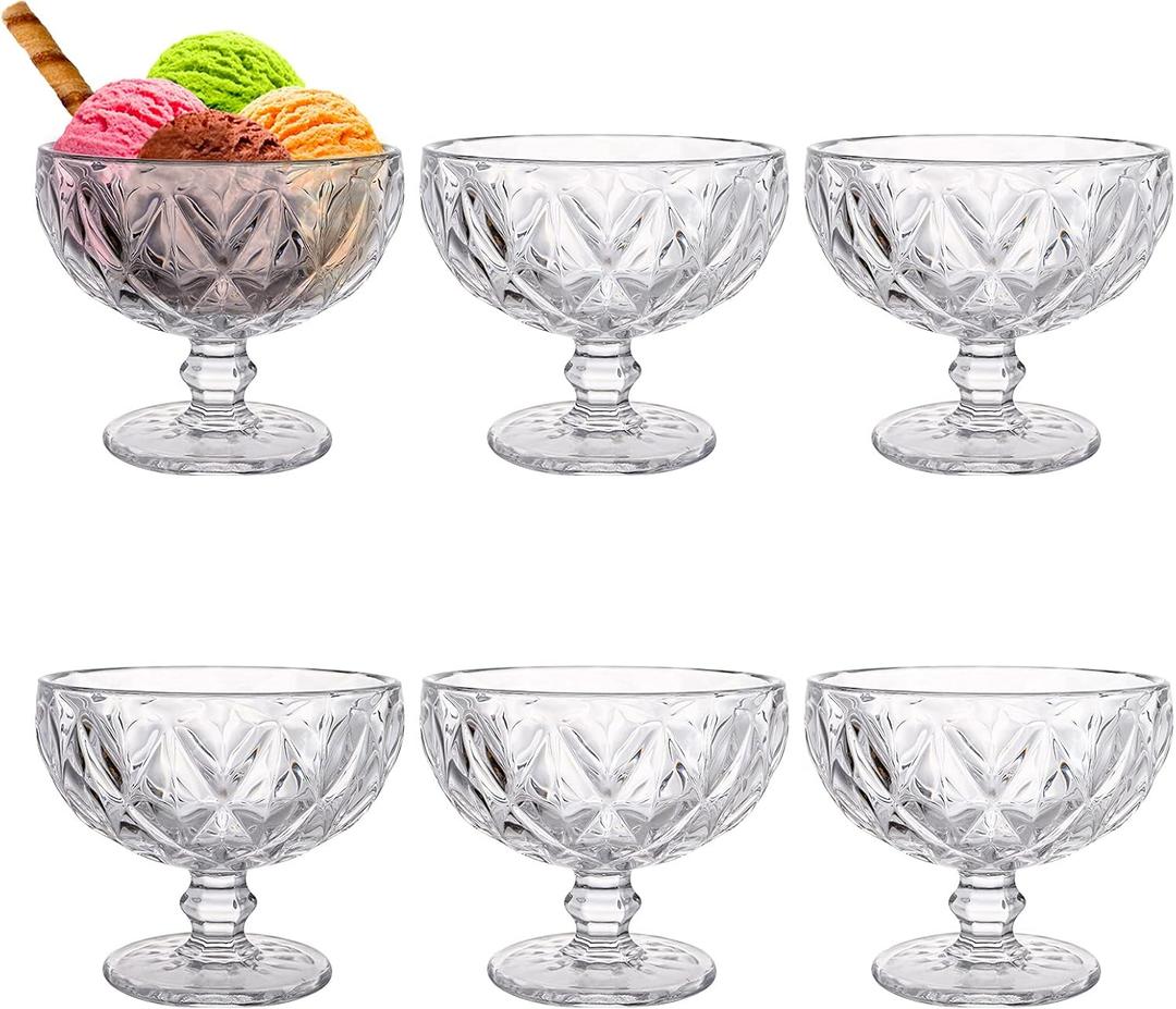 Lawei Set of 6 Glass Dessert Bowls, 12 Oz Footed Ice Cream Sundae Cups, Vintage Embossed Thick Dessert Dishes, Crystal Glass Serving Bowls for Parfait, Dessert, Snack, Cocktail, Cereal, Fruit