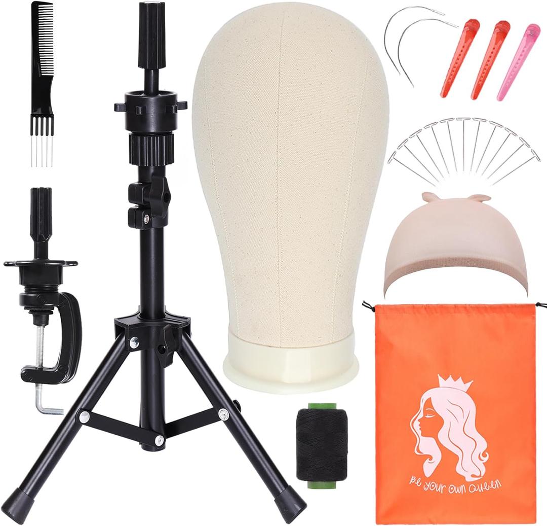 PWEOUKE 22 Inch Canvas Wig Head with Stand for Wigs ,14-22 Inch Height Adjustable Wig Stand Tripod with Canvas Block Wig Head,Manikin Head Block Set for Cosmetology with Wig Stand and Storage Bag (White)