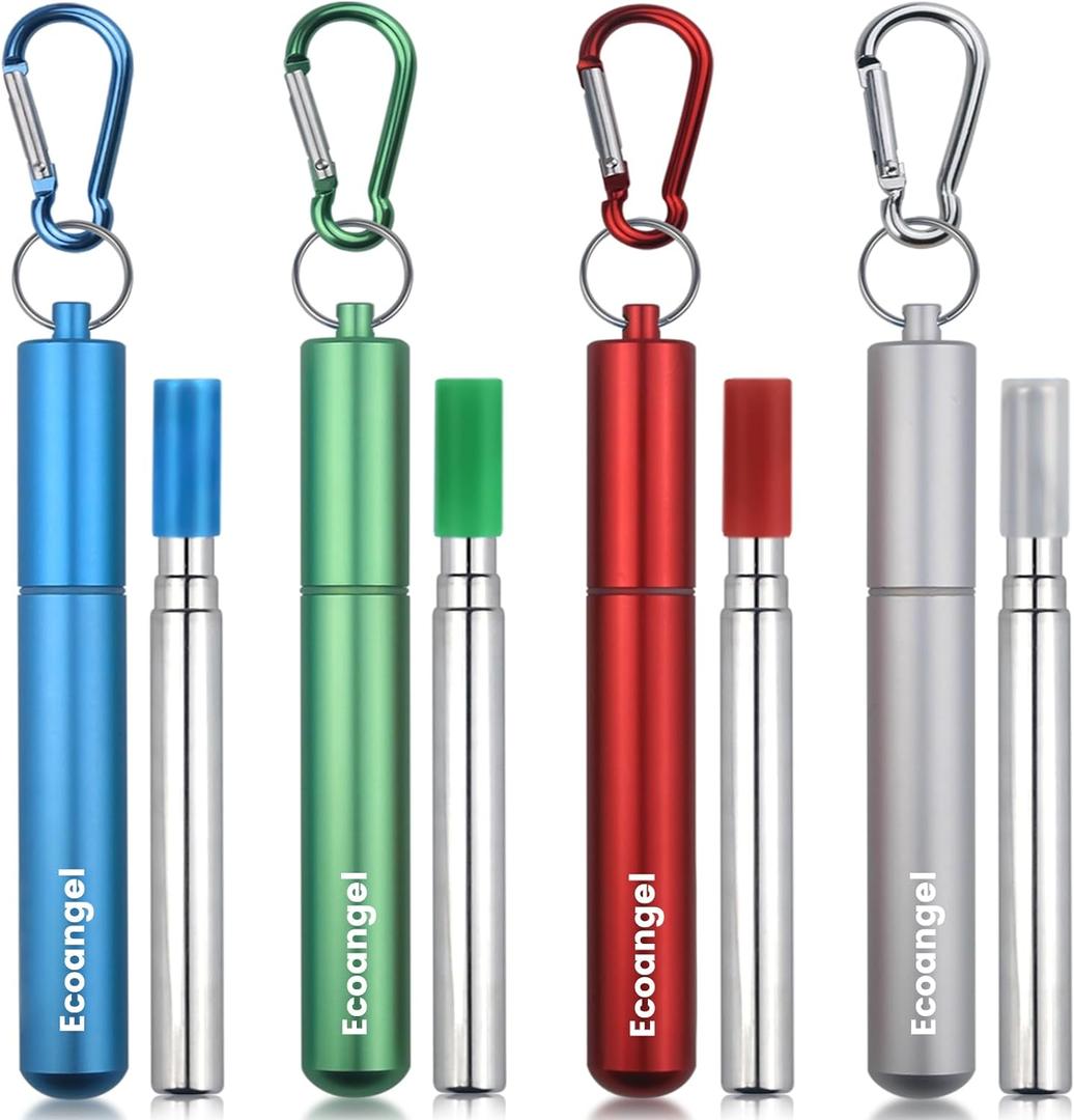 Ecoangel Cruise Ship Essentials, 4-Pack reusable Collapsible Stainless Steel Drinking Straws with Aluminum Case, Cleaning Brush, and Keychains-Silver, Blue, Red, Green