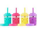 Elk and Friends Kids + Toddler Glass Cups | The Original 8oz Glass Mason Jar with Sleeves + Lids | Silicone Straws + Stopper | Smoothie Cup | Food Storage | Spill Resistant | Dishwasher Safe | 4 Pack